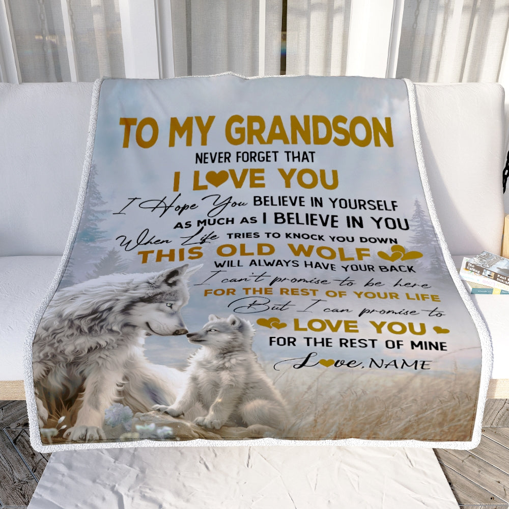 Personalized To My Grandson Blanket From Grandpa Grandma Never Forget That I Love You Wolf Grandson Birthday Christmas Customized Bed Fleece Throw Blanket | siriusteestore