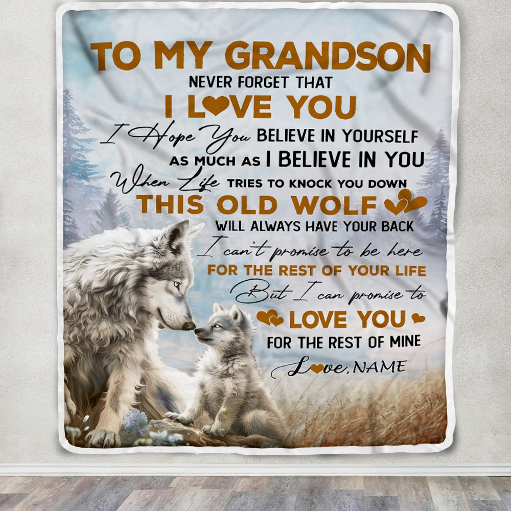 Personalized To My Grandson Blanket From Grandpa Grandma Never Forget That I Love You Wolf Grandson Birthday Christmas Customized Bed Fleece Throw Blanket | siriusteestore
