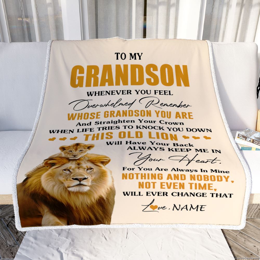 Personalized To My Grandson Blanket From Grandpa Papa Whenever You Fell Overwhelmed Lion Grandson Birthday Gifts Christmas Customized Fleece Throw Blanket | siriusteestore