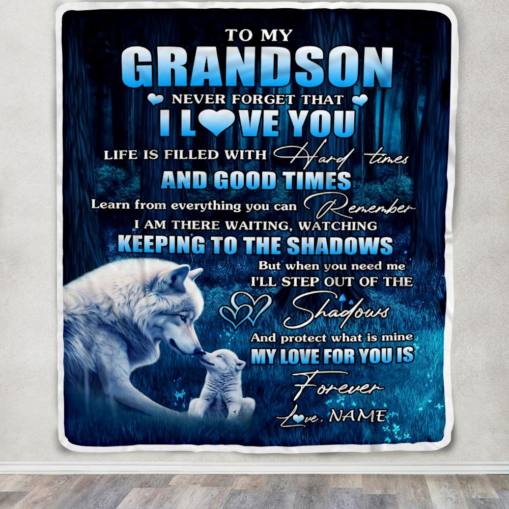 Personalized To My Grandson Blanket From Grandpa Wolf Never Forget That I Love You Moon Dark Forest Grandson Birthday Gifts Christmas Customized Fleece Blanket | siriusteestore