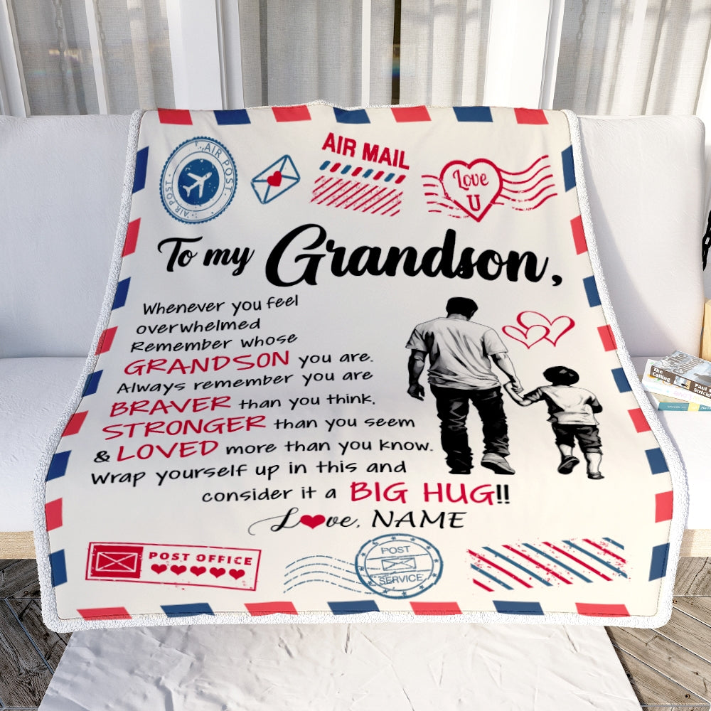 Personalized To My Grandson Blanket From Papa Grandpa Braver Stronger Loved Airmail Grandson Birthday Graduation Christmas Customized Fleece Throw Blanket | siriusteestore
