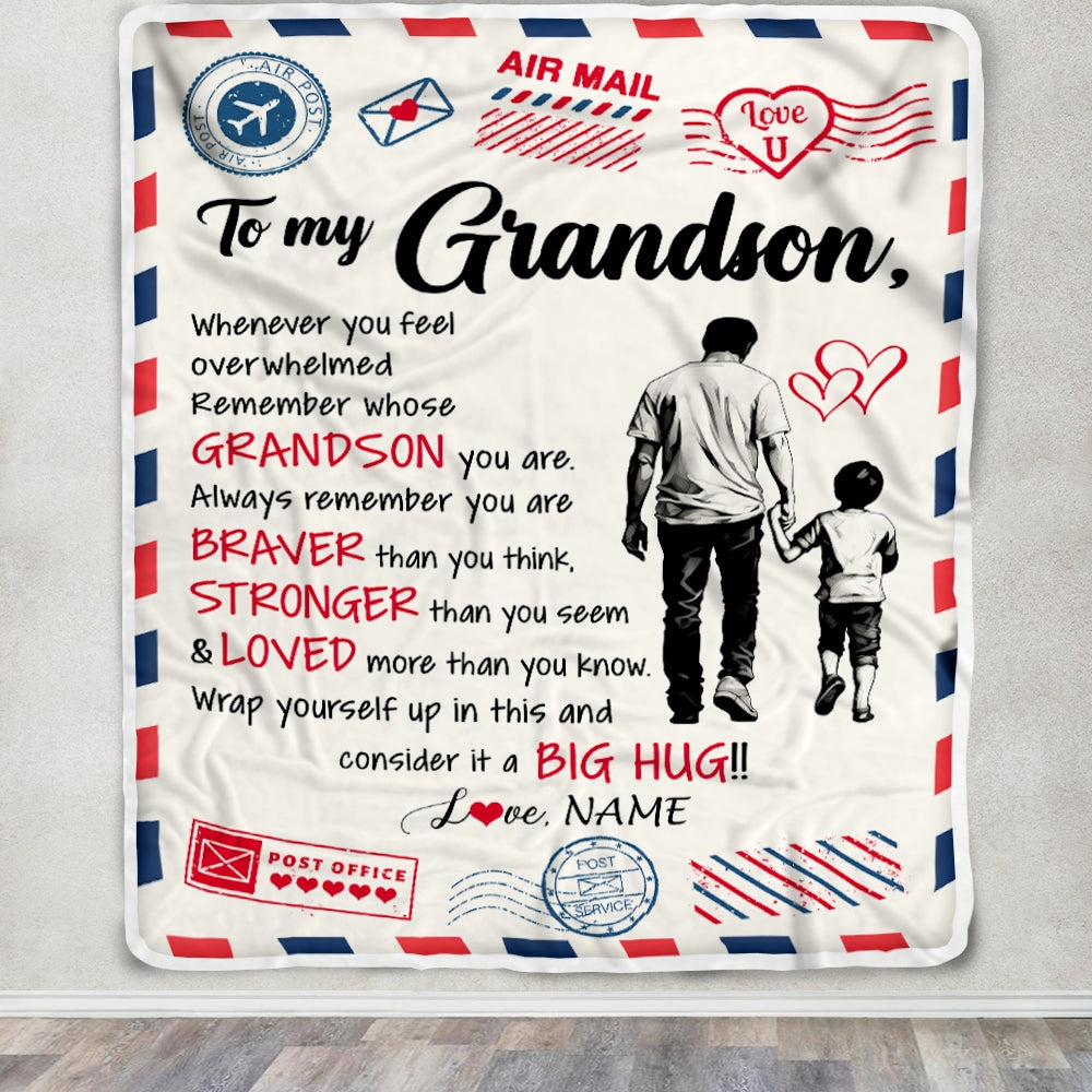Personalized To My Grandson Blanket From Papa Grandpa Braver Stronger Loved Airmail Grandson Birthday Graduation Christmas Customized Fleece Throw Blanket | siriusteestore
