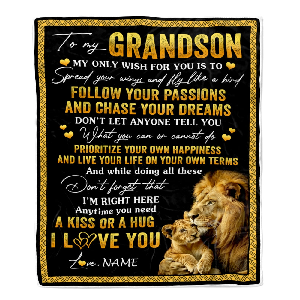 Personalized To My Grandson Blanket From Papa Grandpa Lion My Only Wish For You Grandson Birthday Graduation Christmas Customized Bed Fleece Throw Blanket | siriusteestore