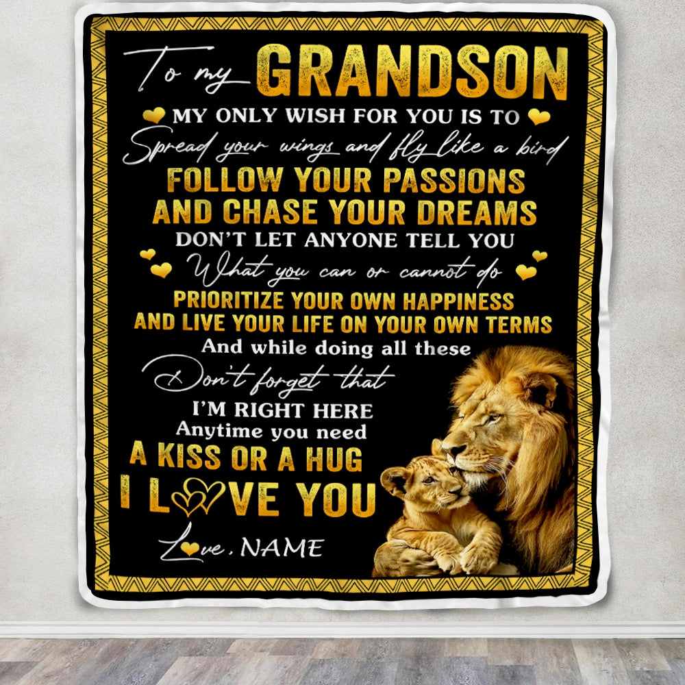 Personalized To My Grandson Blanket From Papa Grandpa Lion My Only Wish For You Grandson Birthday Graduation Christmas Customized Bed Fleece Throw Blanket | siriusteestore