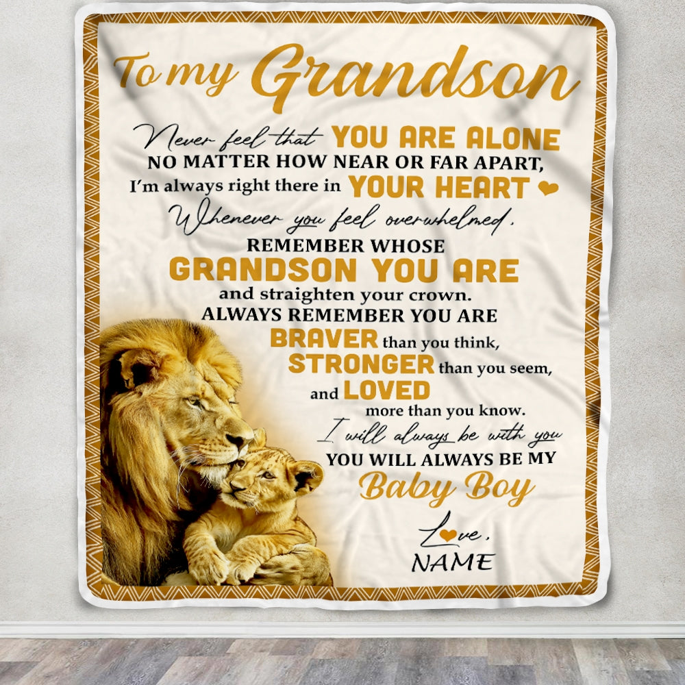 Personalized To My Grandson Blanket From Papa Grandpa Lion Never Feel That You Are Alone Great Grandson Birthday Christmas Bed Quilt Fleece Throw Blanket | siriusteestore