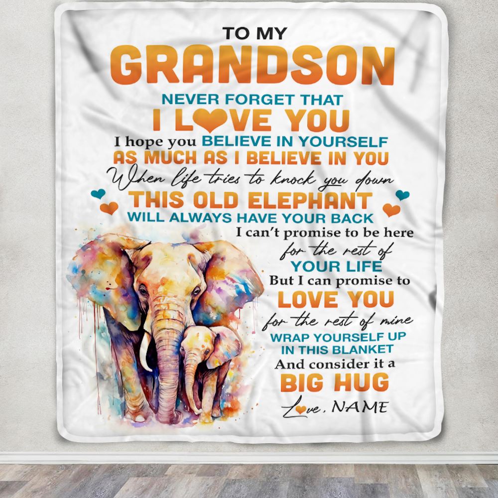 Personalized To My Grandson Blanket Gift From Grandma Pops This Old Elephant Love You Grandson Birthday Graduation Christmas Customized Fleece Throw Blanket | siriusteestore