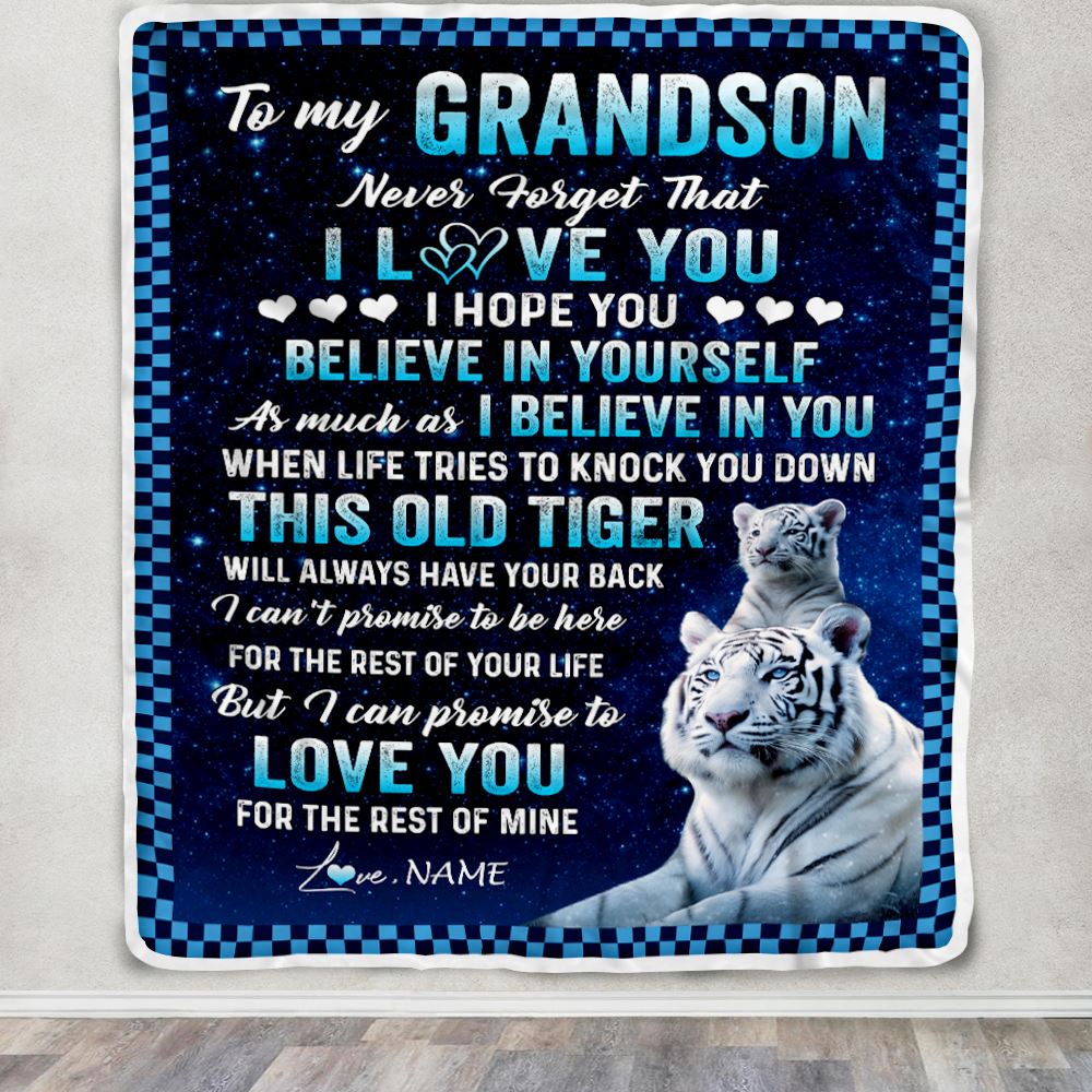 Personalized To My Grandson Blanket Gift From Grandma Pops This Old Tiger Love You Grandson Birthday Graduation Christmas Customized Fleece Throw Blanket | siriusteestore