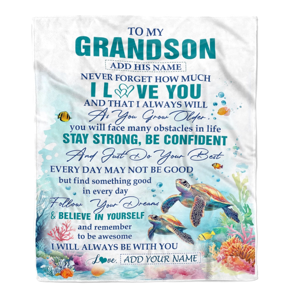 Personalized To My Grandson Blanket Turtle I Love You Forever From Grandma Grandpa Grandson Birthday Gifts Christmas Graduation Customized Fleece Blanket | siriusteestore