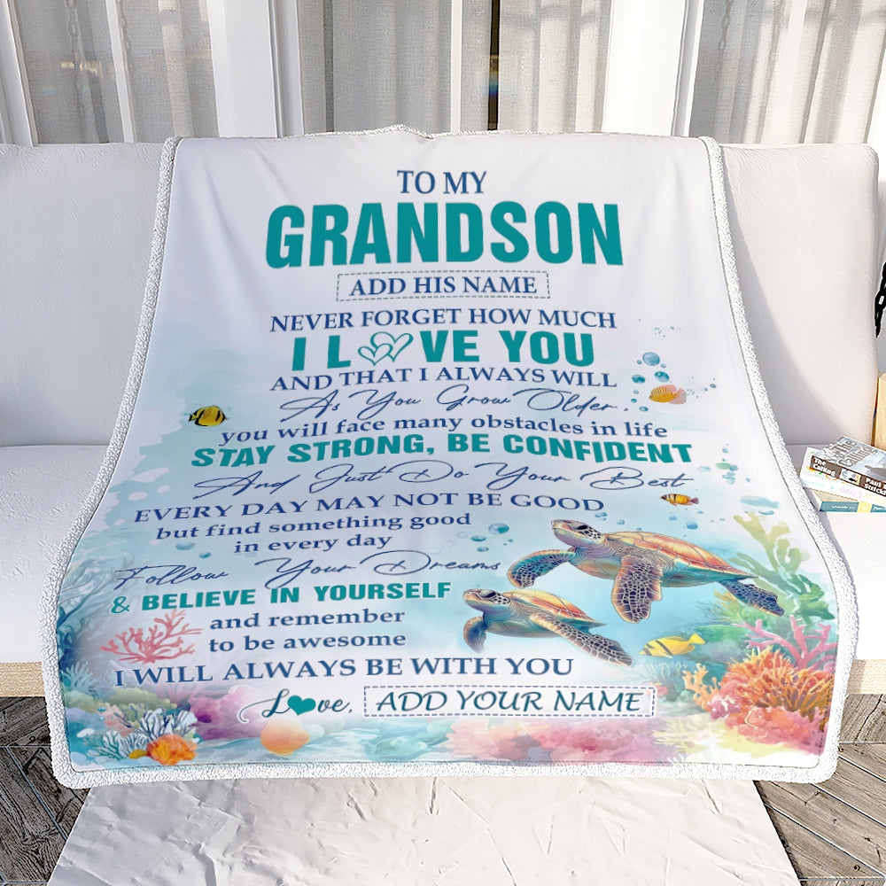 Personalized To My Grandson Blanket Turtle I Love You Forever From Grandma Grandpa Grandson Birthday Gifts Christmas Graduation Customized Fleece Blanket | siriusteestore