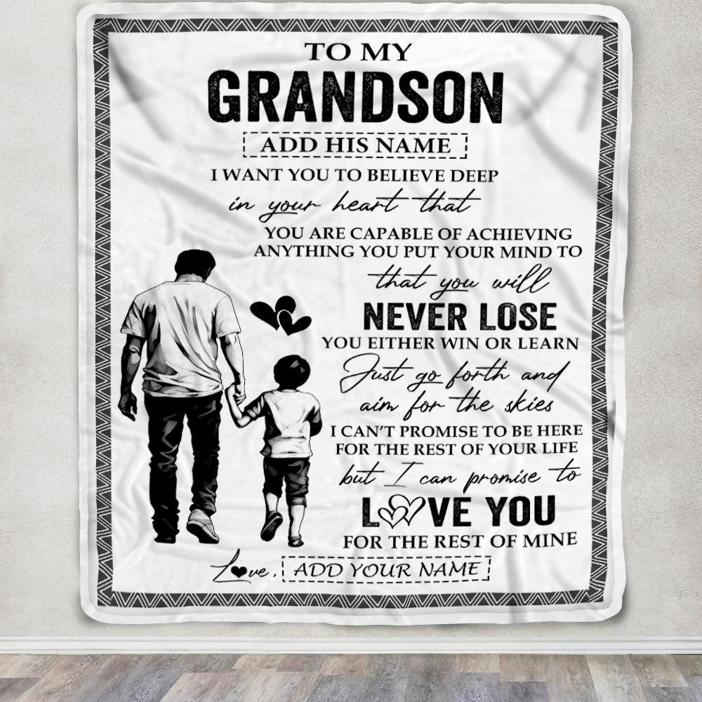 Personalized To My Grandson Blanket You Will Never Lose From Papa Grandpa Grandson Birthday Gifts Graduation Christmas Customized Fleece Throw Blanket | siriusteestore