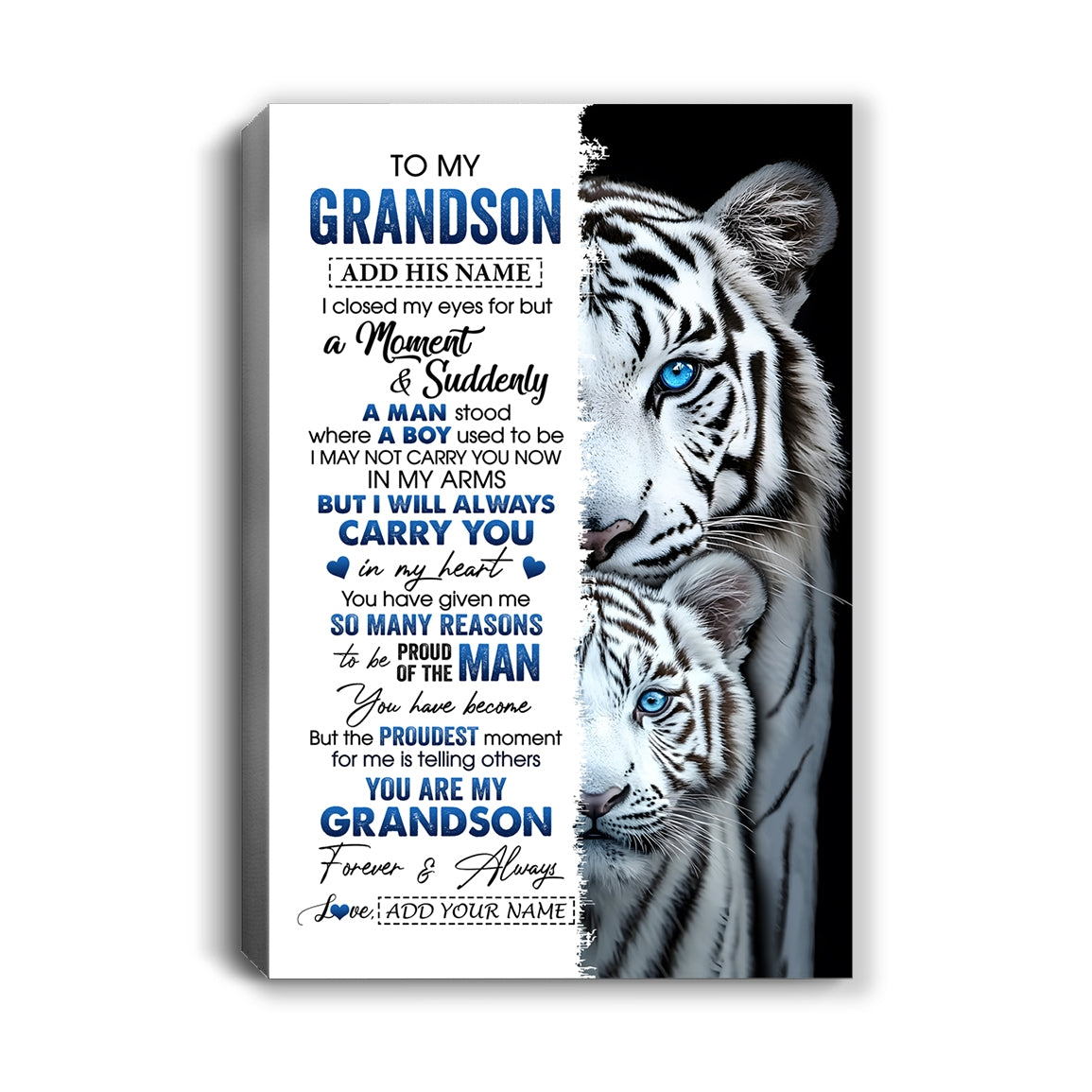 Personalized To My Grandson Canvas From Grandma Grandpa I Close My Eyes White Tiger Grandson Birthday Gift Graduation Christmas Wall Art Framed Canvas | siriusteestore