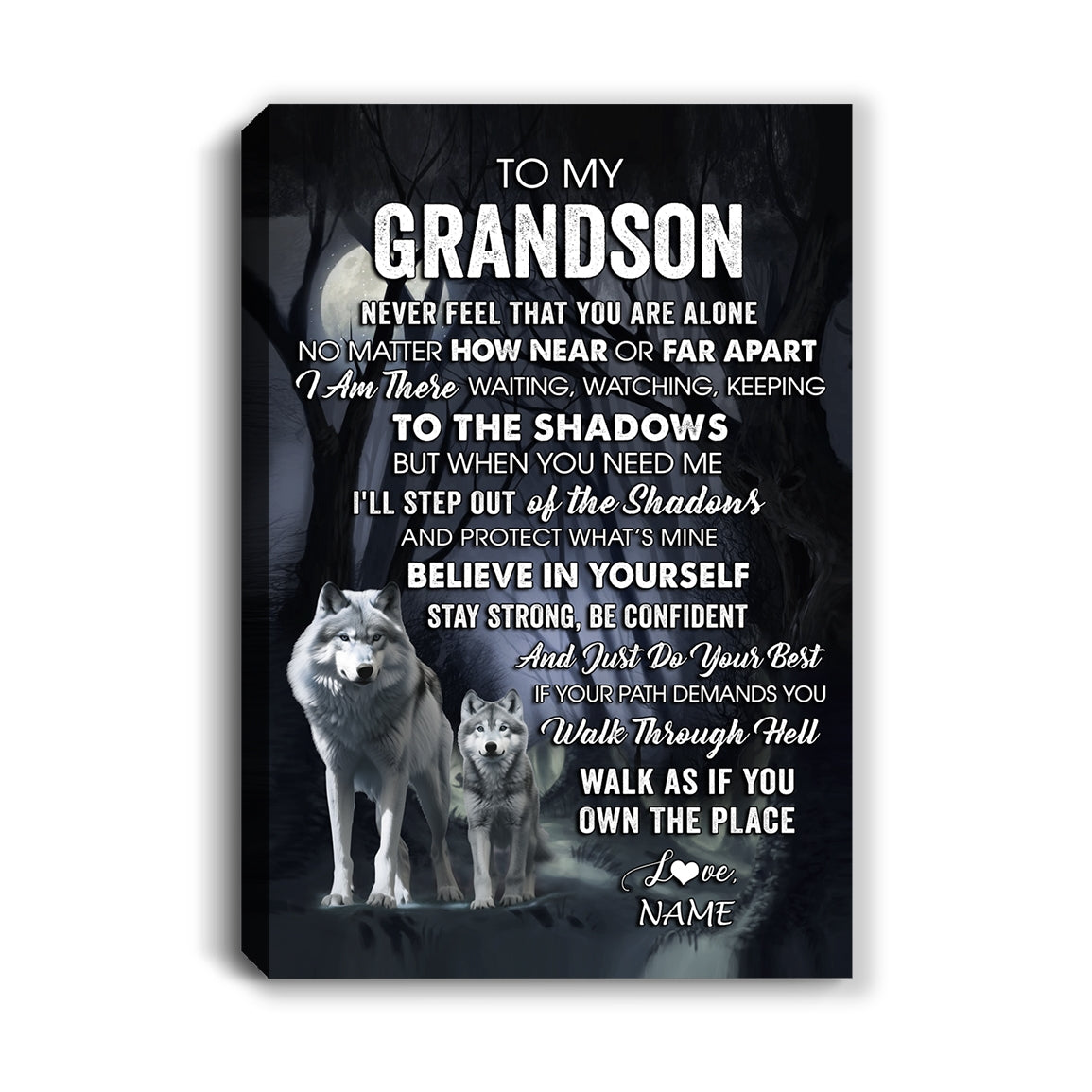 Personalized To My Grandson Canvas From Grandma Grandpa Never Feel That You Are Alone Wolf Grandson Birthday Gifts Graduation Christmas Custom Wall Art Print Framed Canvas | siriusteestore