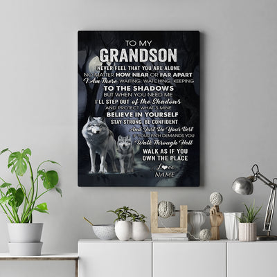 Personalized To My Grandson Canvas From Grandma Grandpa Never Feel That You Are Alone Wolf Grandson Birthday Gifts Graduation Christmas Custom Wall Art Print Framed Canvas | siriusteestore