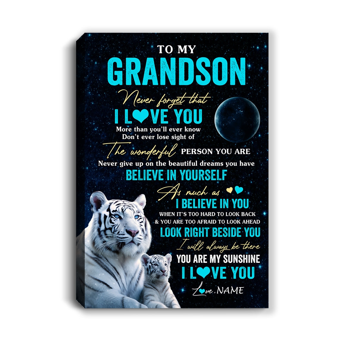 Personalized To My Grandson Canvas From Grandma Grandpa Never Forget I Love You White Tiger Grandson Birthday Gifts Christmas Custom Wall Art Print Framed Canvas | siriusteestore