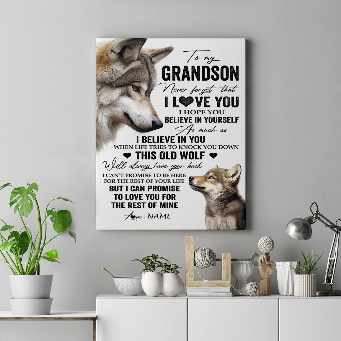 Personalized To My Grandson Canvas From Grandma Grandpa This Old Wolf Love You Grandson Birthday Gifts Graduation Christmas Custom Wall Art Print Framed Canvas | siriusteestore
