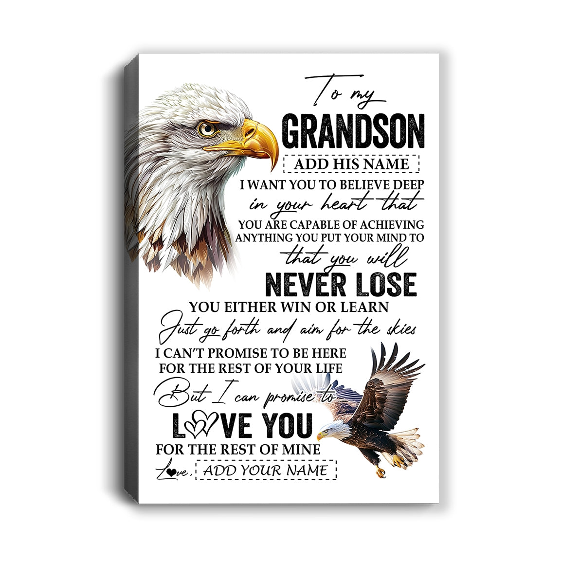 Personalized To My Grandson Canvas From Grandma Grandpa You Will Never Lose Eagle Grandson Birthday Gifts Graduation Christmas Custom Wall Art Print Framed Canvas | siriusteestore