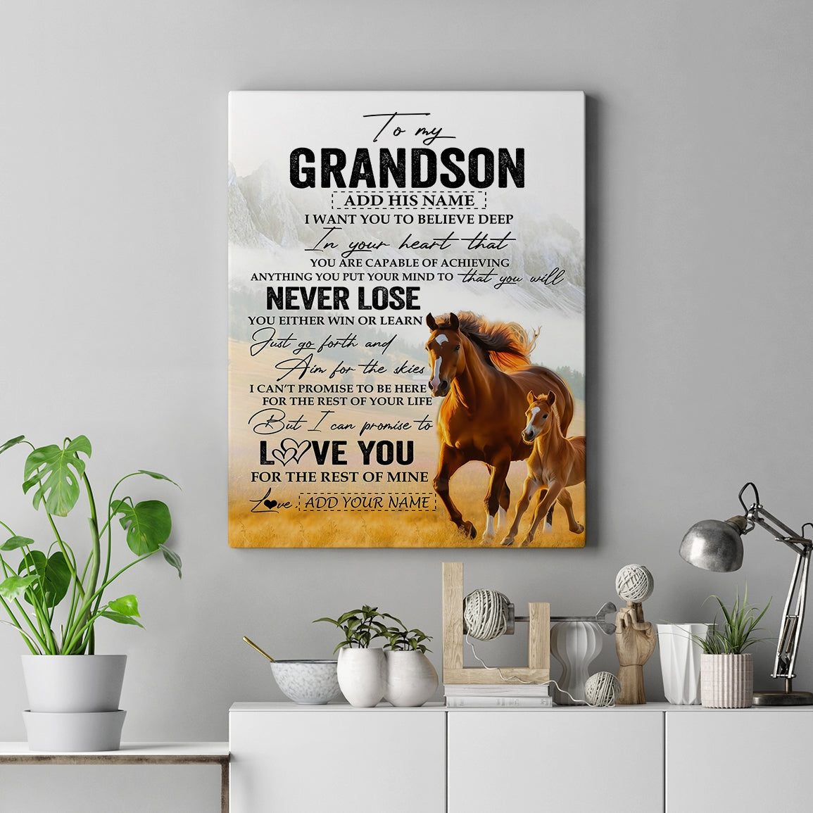 Personalized To My Grandson Canvas From Grandma Grandpa You Will Never Lose Horse Grandson Birthday Gifts Graduation Christmas Custom Wall Art Print Framed Canvas | siriusteestore