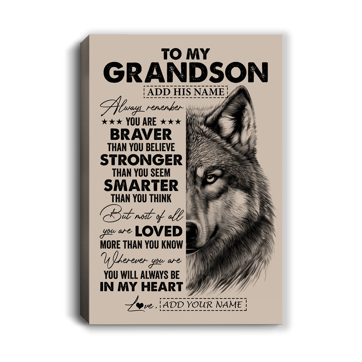 Personalized To My Grandson Canvas From Grandma Nana Wolf Braver Stronger Smarter Grandson Birthday Graduation Christmas Custom Wall Art Print Framed Canvas | siriusteestore