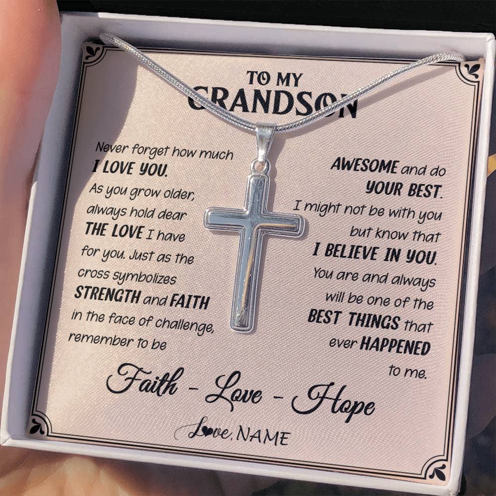 Stainless Cross Necklace Stainless Steel | 2 | Personalized To My Grandson Cross Necklace From Grandpa Grandpa Strength And Faith Grandson Birthday Christmas Graduation Customized Gift Box Message Card | siriusteestore