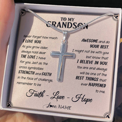 Stainless Cross Necklace Stainless Steel | 2 | Personalized To My Grandson Cross Necklace From Grandpa Grandpa Strength And Faith Grandson Birthday Christmas Graduation Customized Gift Box Message Card | siriusteestore