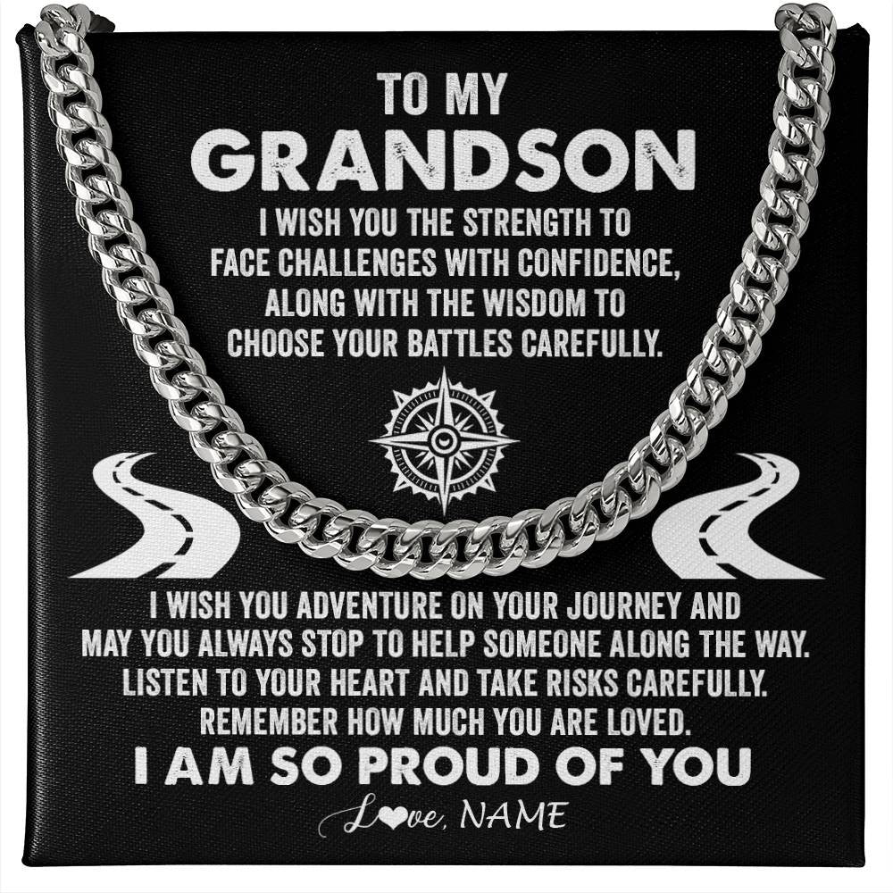 Cuban Link Chain Necklace Stainless Steel | Personalized To My Grandson Cuban Necklace From Grandma I Wish You The Strength Grandson Birthday Graduation Inspirational Customized Gift Box Message Card | siriusteestore