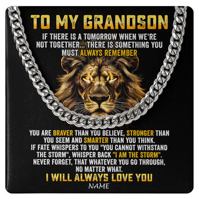 Cuban Link Chain Necklace Stainless Steel | 1 | Personalized To My Grandson Cuban Necklace From Grandma Papa I Will Always Love You Lion Grandson Birthday Christmas Customized Gift Box Message Card | siriusteestore