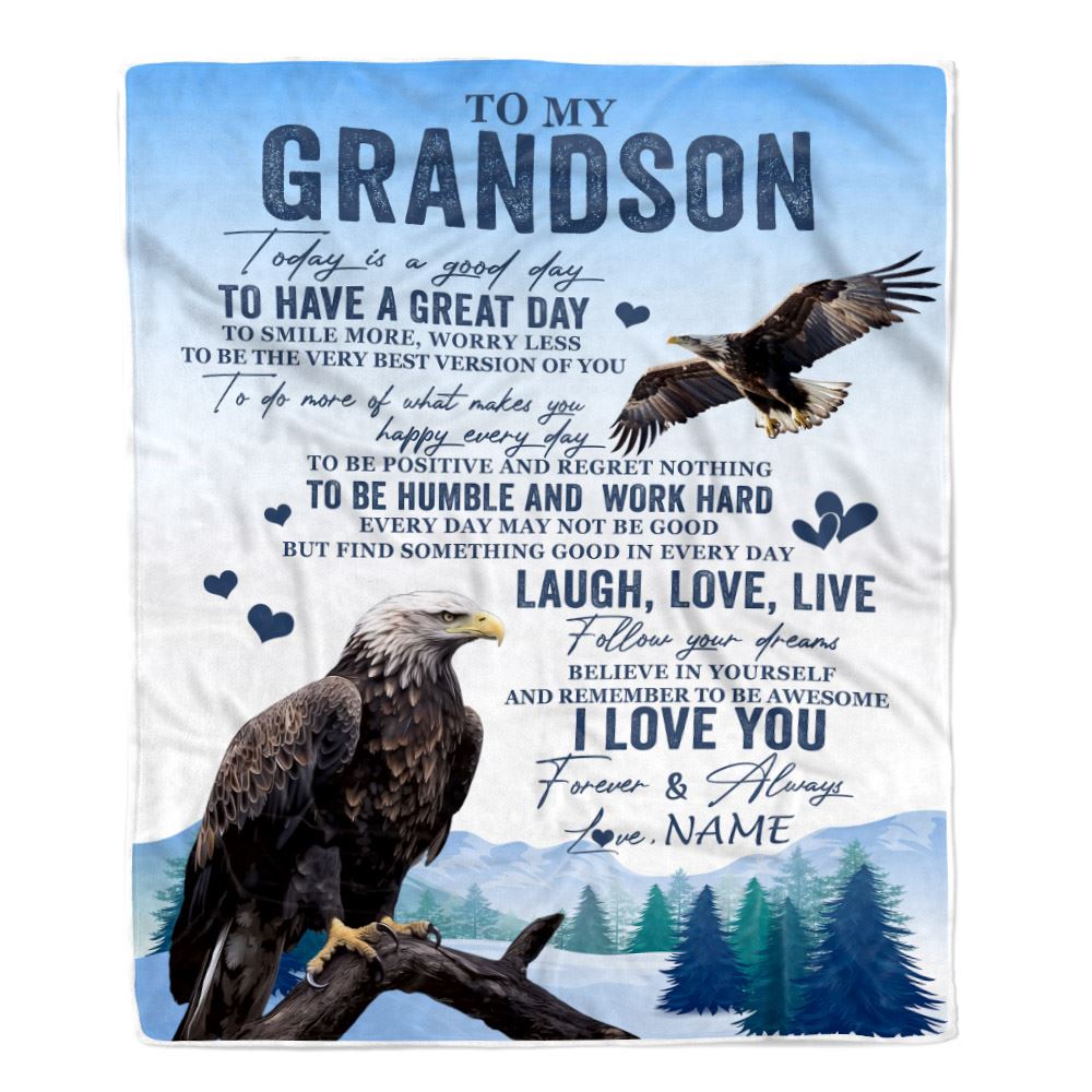 Personalized To My Grandson Eagle Blanket From Grandma Grandpa Every Day Laugh Love Live Grandson Birthday Gifts Christmas Customized Fleece Throw Blanket | siriusteestore