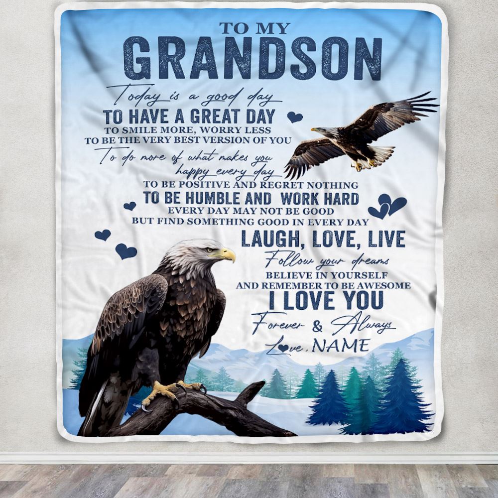 Personalized To My Grandson Eagle Blanket From Grandma Grandpa Every Day Laugh Love Live Grandson Birthday Gifts Christmas Customized Fleece Throw Blanket | siriusteestore