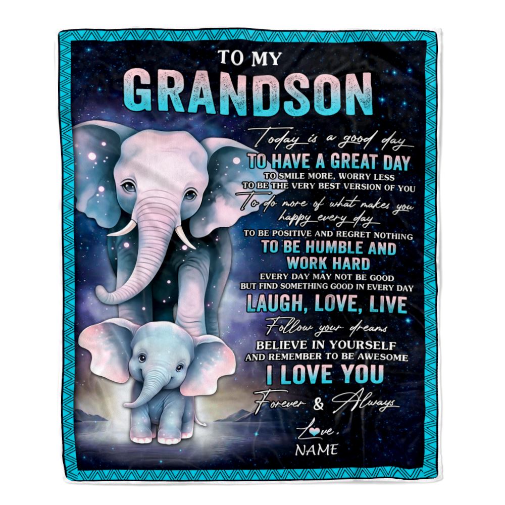 Personalized To My Grandson Elephant Blanket From Grandma Grandpa Every Day Laugh Love Live Grandson Birthday Gifts Christmas Customized Fleece Throw Blanket | siriusteestore