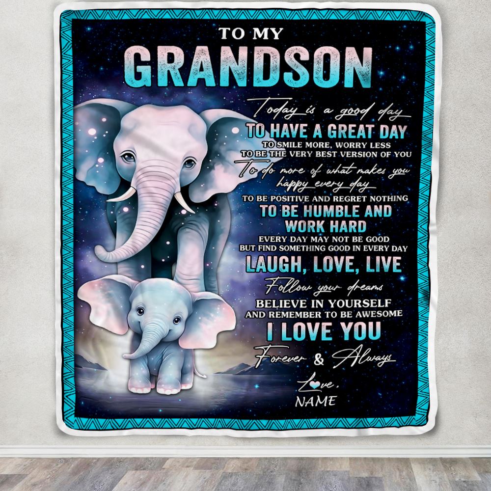 Personalized To My Grandson Elephant Blanket From Grandma Grandpa Every Day Laugh Love Live Grandson Birthday Gifts Christmas Customized Fleece Throw Blanket | siriusteestore