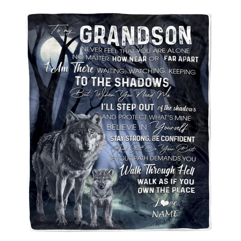Personalized To My Grandson From Grandma Grandpa Blanket Never Feel You Are Alone Wolf Moon Night Dark Forest Family Love Birthday Christmas Fleece Blanket | siriusteestore