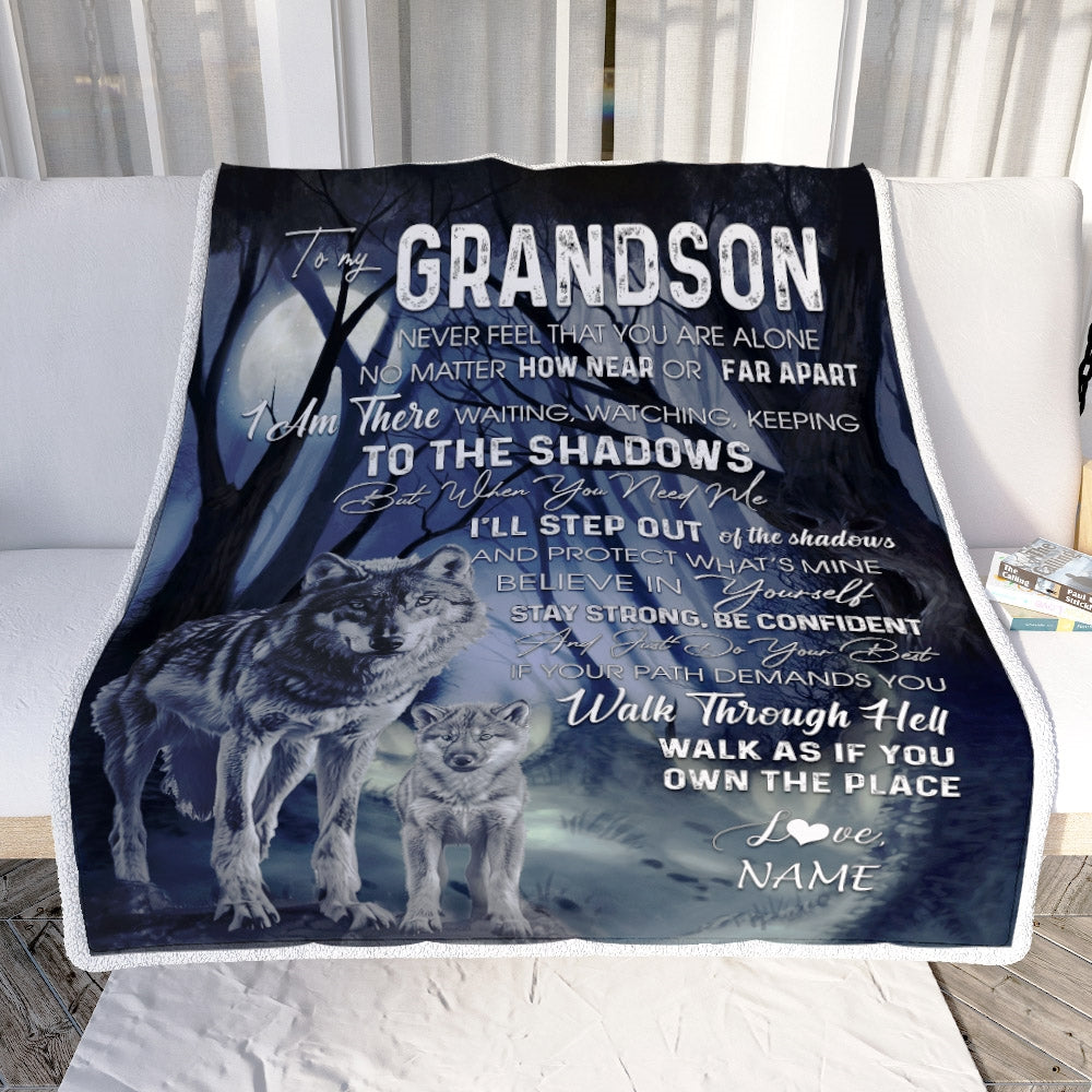 Personalized To My Grandson From Grandma Grandpa Blanket Never Feel You Are Alone Wolf Moon Night Dark Forest Family Love Birthday Christmas Fleece Blanket | siriusteestore