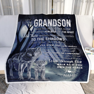 Personalized To My Grandson From Grandma Grandpa Blanket Never Feel You Are Alone Wolf Moon Night Dark Forest Family Love Birthday Christmas Fleece Blanket | siriusteestore