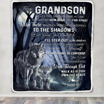 Personalized To My Grandson From Grandma Grandpa Blanket Never Feel You Are Alone Wolf Moon Night Dark Forest Family Love Birthday Christmas Fleece Blanket | siriusteestore