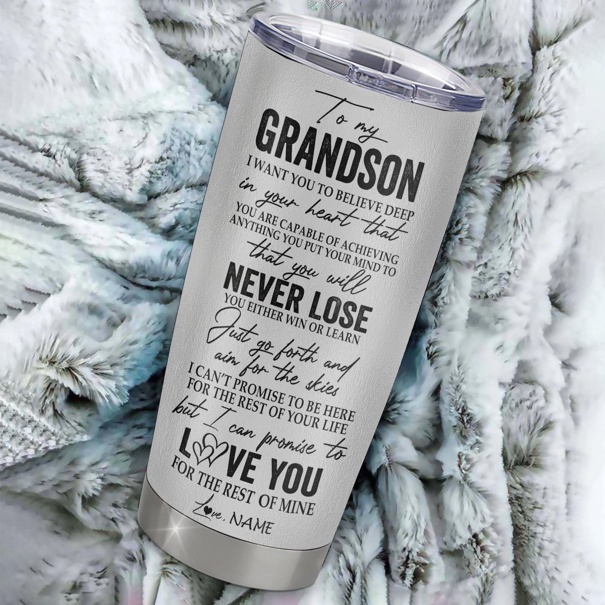 Personalized To My Grandson From Grandma Grandpa Stainless Steel Tumbler Cup You Will Never Lose Wolf Grandson Birthday Graduation Christmas Travel Mug | siriusteestore
