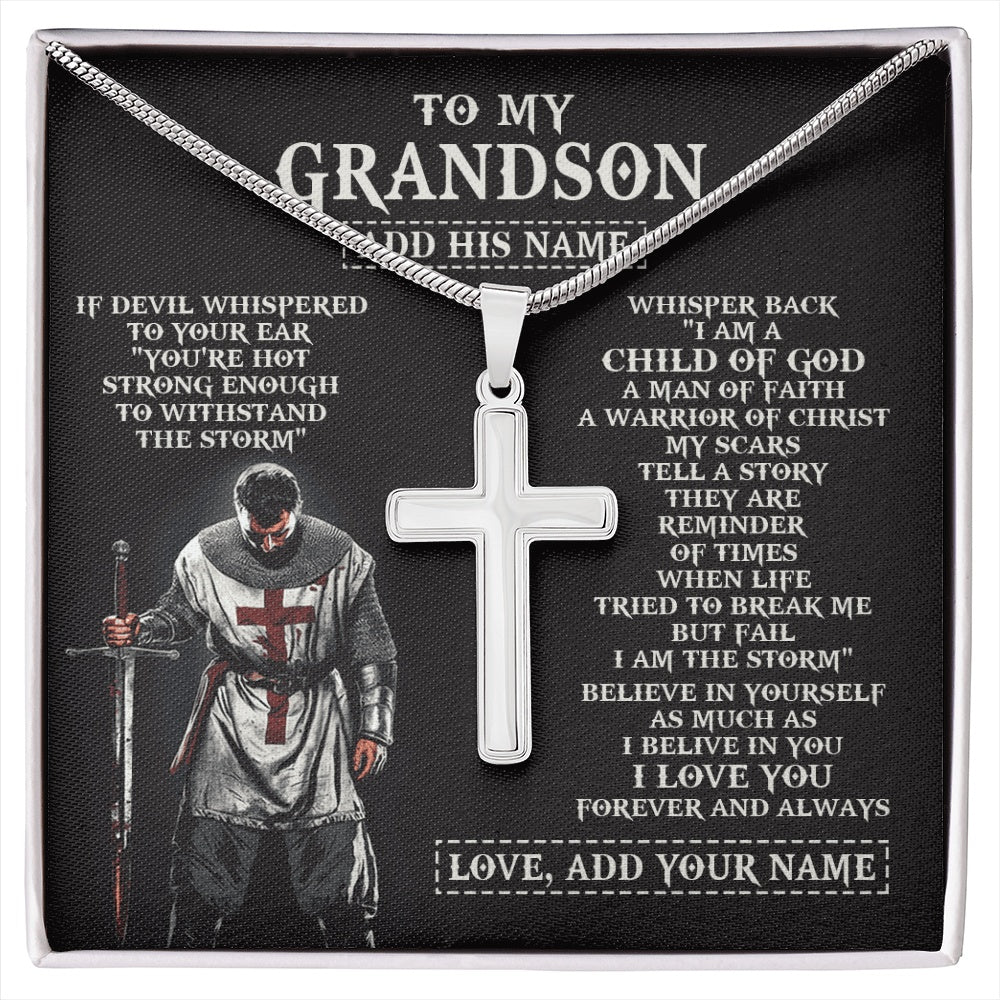 Stainless Cross Necklace Stainless Steel | 1 | Personalized To My Grandson From Grandpa Grandma Necklace I Am The Storm Knight Templar Birthday Gifts For Grandson Christian Christmas Gift Box Message Card | https://siriusteestore.