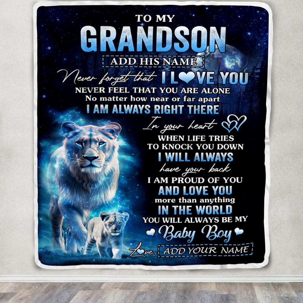 Personalized To My Grandson Gift Blanket From Grandma Never Feel That You Are Alone Lion Grandson Birthday Christmas Customized Fleece Throw Blanket | siriusteestore