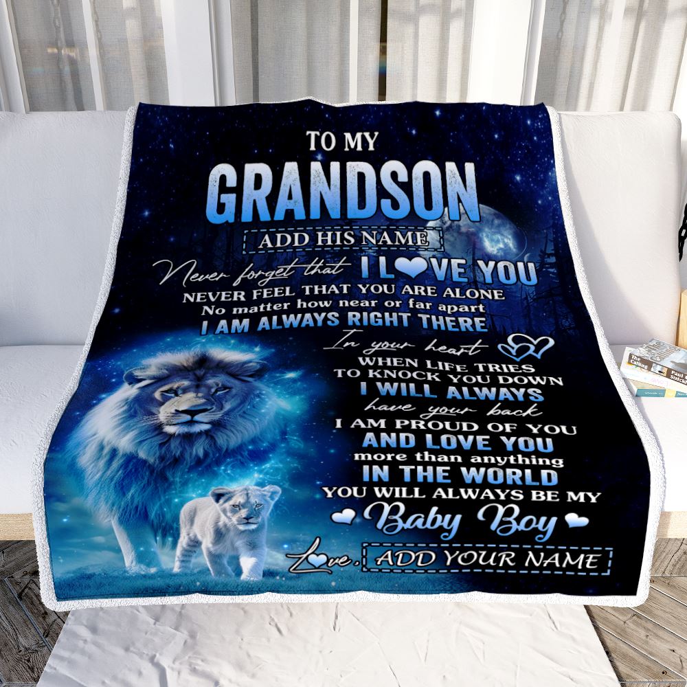 Personalized To My Grandson Gift Blanket From Grandpa Papa Never Feel That You Are Alone Lion Grandson Birthday Christmas Customized Fleece Throw Blanket | siriusteestore
