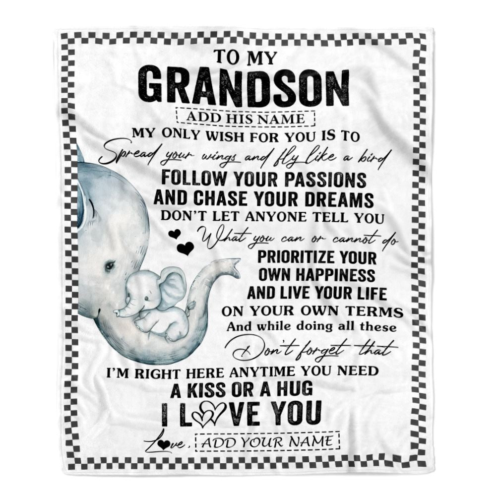 Personalized To My Grandson Gifts Blanket From Grandma Elephant My Only Wish For You Grandson Birthday Gifts Graduation Christmas Customized Fleece Blanket | siriusteestore