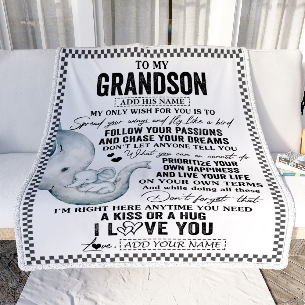 Personalized To My Grandson Gifts Blanket From Grandma Elephant My Only Wish For You Grandson Birthday Gifts Graduation Christmas Customized Fleece Blanket | siriusteestore