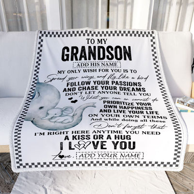 Personalized To My Grandson Gifts Blanket From Grandma Elephant My Only Wish For You Grandson Birthday Gifts Graduation Christmas Customized Fleece Blanket | siriusteestore