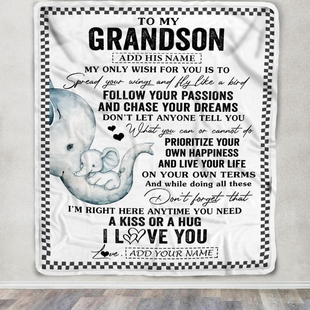 Personalized To My Grandson Gifts Blanket From Grandma Elephant My Only Wish For You Grandson Birthday Gifts Graduation Christmas Customized Fleece Blanket | siriusteestore