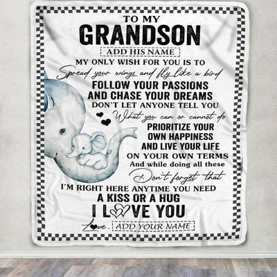 Personalized To My Grandson Gifts Blanket From Grandma Elephant My Only Wish For You Grandson Birthday Gifts Graduation Christmas Customized Fleece Blanket | siriusteestore