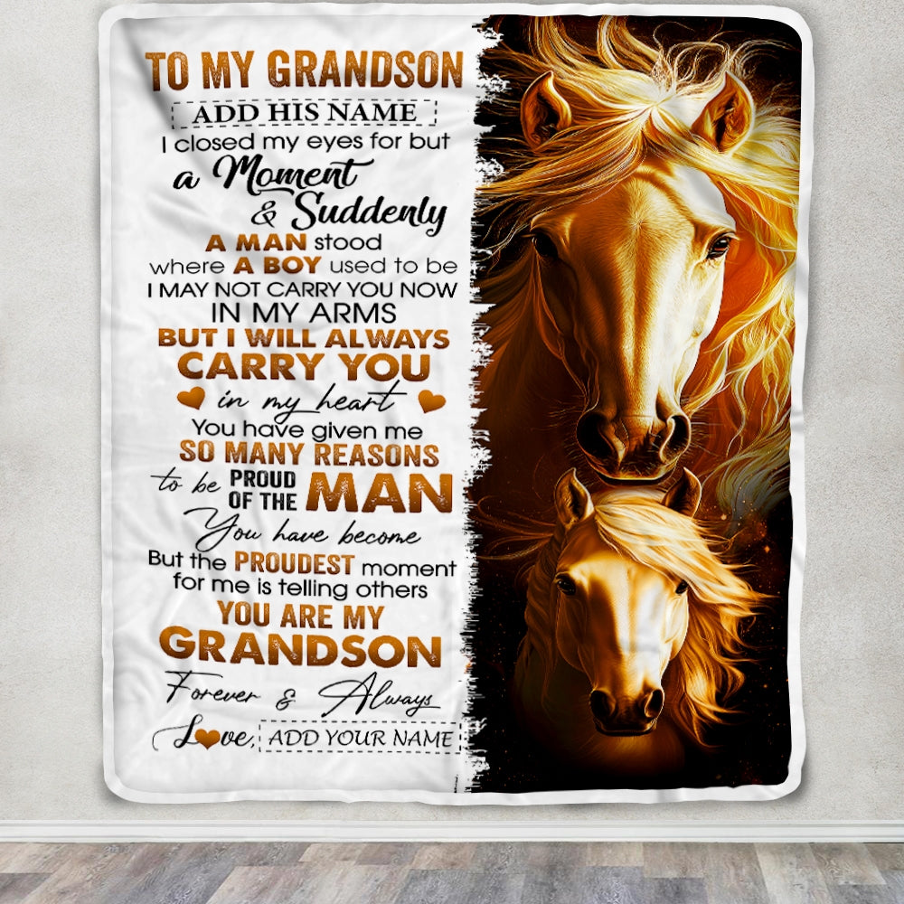 Personalized To My Grandson Gifts Blanket From Grandma Grandpa I Close My Eyes Horse Grandson Birthday Gifts Graduation Christmas Custom Fleece Throw Blanket | siriusteestore