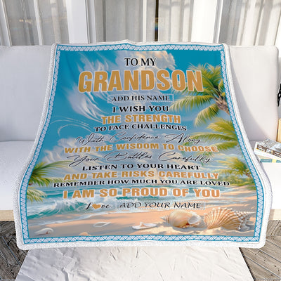 Personalized To My Grandson Gifts Blanket From Grandma Grandpa I Wish You The Strength Beach Grandson Birthday Gifts Christmas Graduation Fleece Blanket | siriusteestore