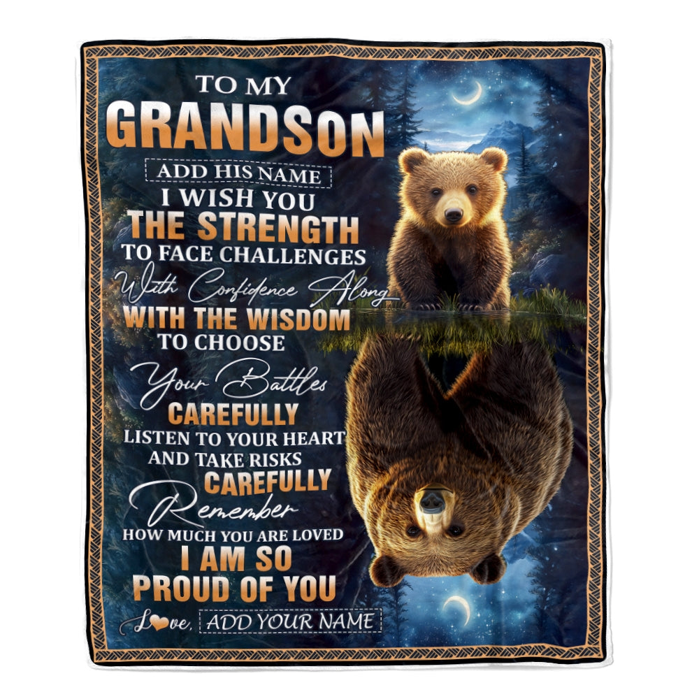 Personalized To My Grandson Gifts Blanket From Grandma Grandpa I Wish You The Strength Bear Grandson Birthday Gifts Christmas Graduation Fleece Blanket | siriusteestore