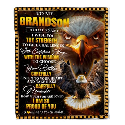 Personalized To My Grandson Gifts Blanket From Grandma Grandpa I Wish You The Strength Eagle Grandson Birthday Gifts Christmas Graduation Fleece Blanket | siriusteestore
