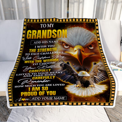 Personalized To My Grandson Gifts Blanket From Grandma Grandpa I Wish You The Strength Eagle Grandson Birthday Gifts Christmas Graduation Fleece Blanket | siriusteestore
