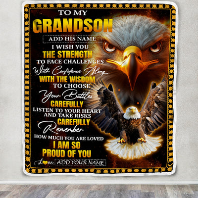 Personalized To My Grandson Gifts Blanket From Grandma Grandpa I Wish You The Strength Eagle Grandson Birthday Gifts Christmas Graduation Fleece Blanket | siriusteestore