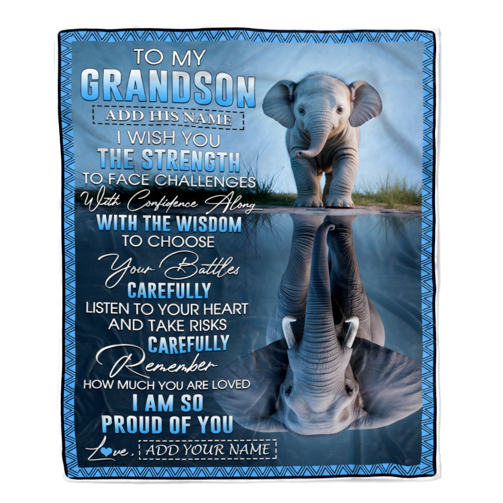 Personalized To My Grandson Gifts Blanket From Grandma Grandpa I Wish You The Strength Elephant Grandson Birthday Gifts Christmas Custom Fleece Blanket | siriusteestore